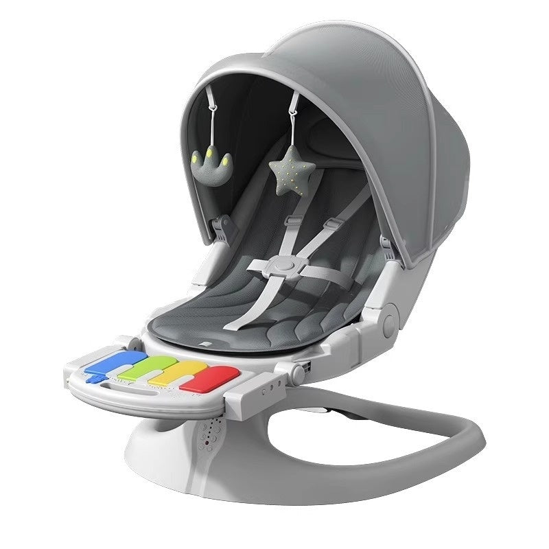 Gray baby seat with colorful toy panel on a white background