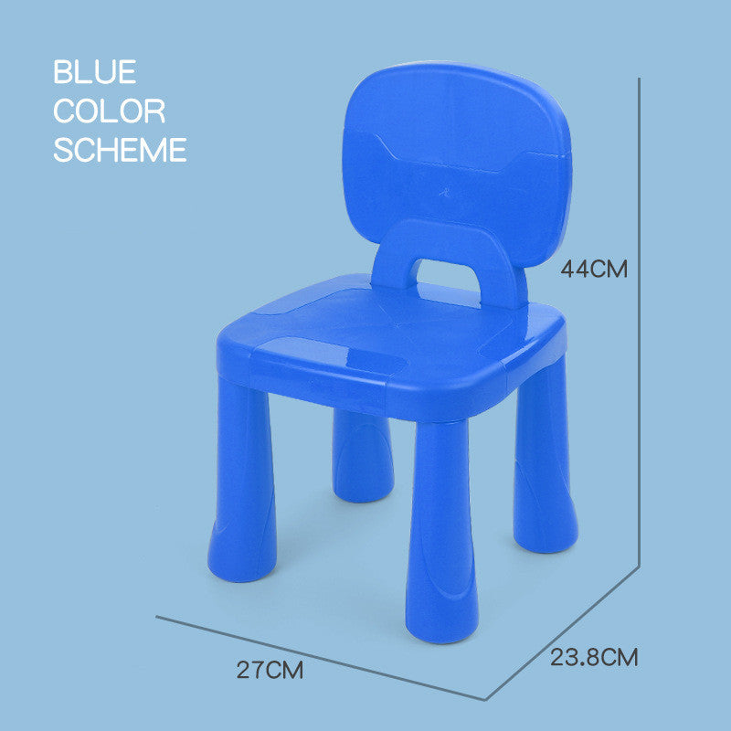 Blue children's chair with measurements on a blue background