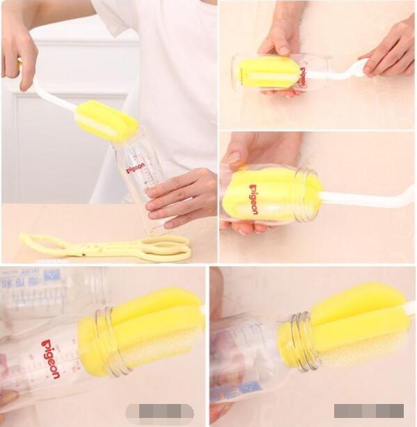 Collage of a bottle cleaning brush with a yellow sponge head being used on a Pigeon baby bottle.