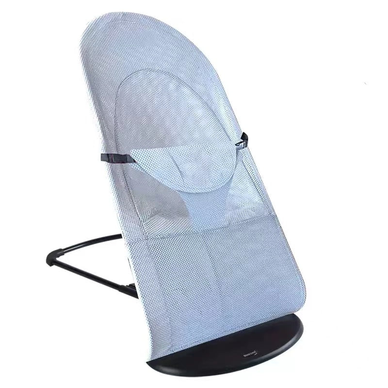 Baby bouncer with mesh seat and black base on a white background