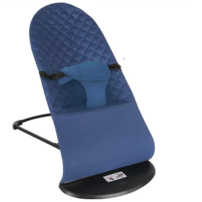 Blue baby bouncer with quilted design on a white background