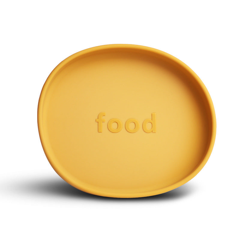 Yellow plate with 'food' text on a white background