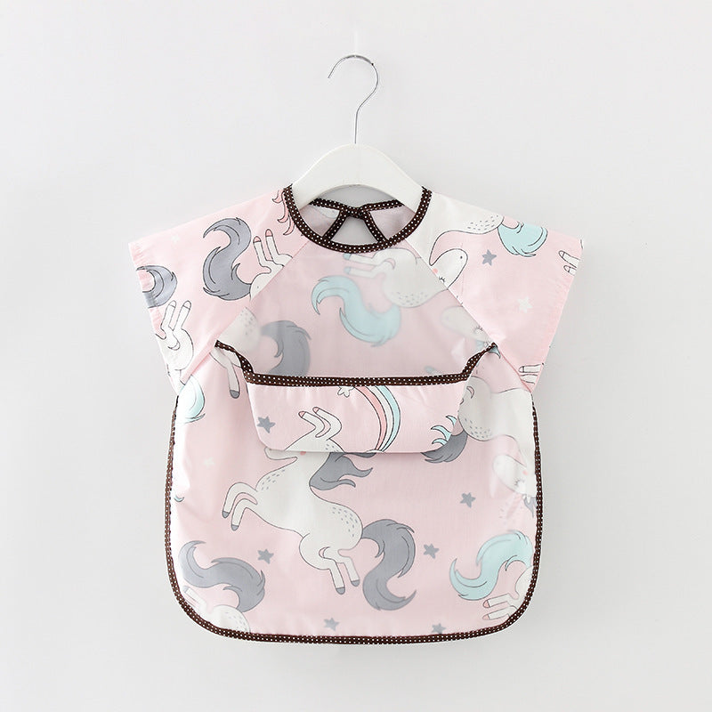 Baby bib with unicorn pattern on a hanger against a light gray background