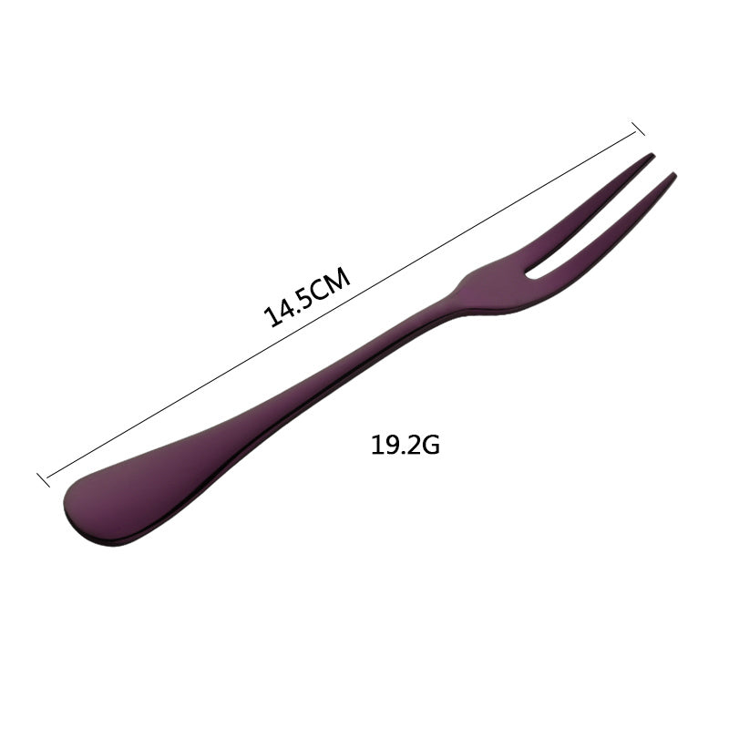 Purple fork with measurements on a white background