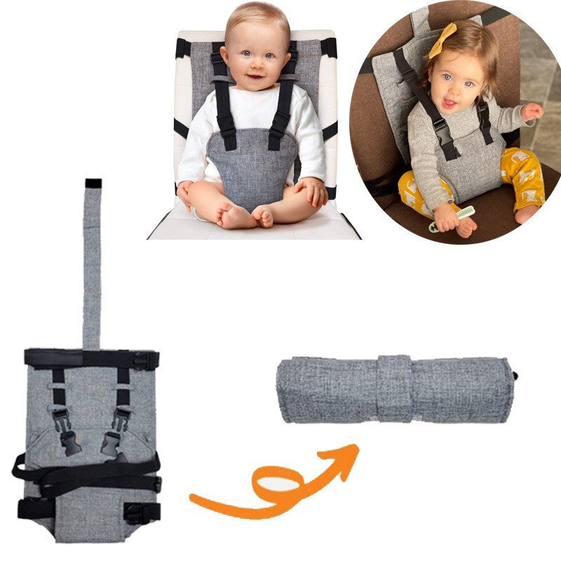 Baby seat with straps and a baby sitting on it, with an inset showing the baby using the seat.