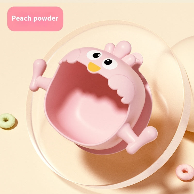 Pink cartoon-like container with a peach-colored powder on a light pink background