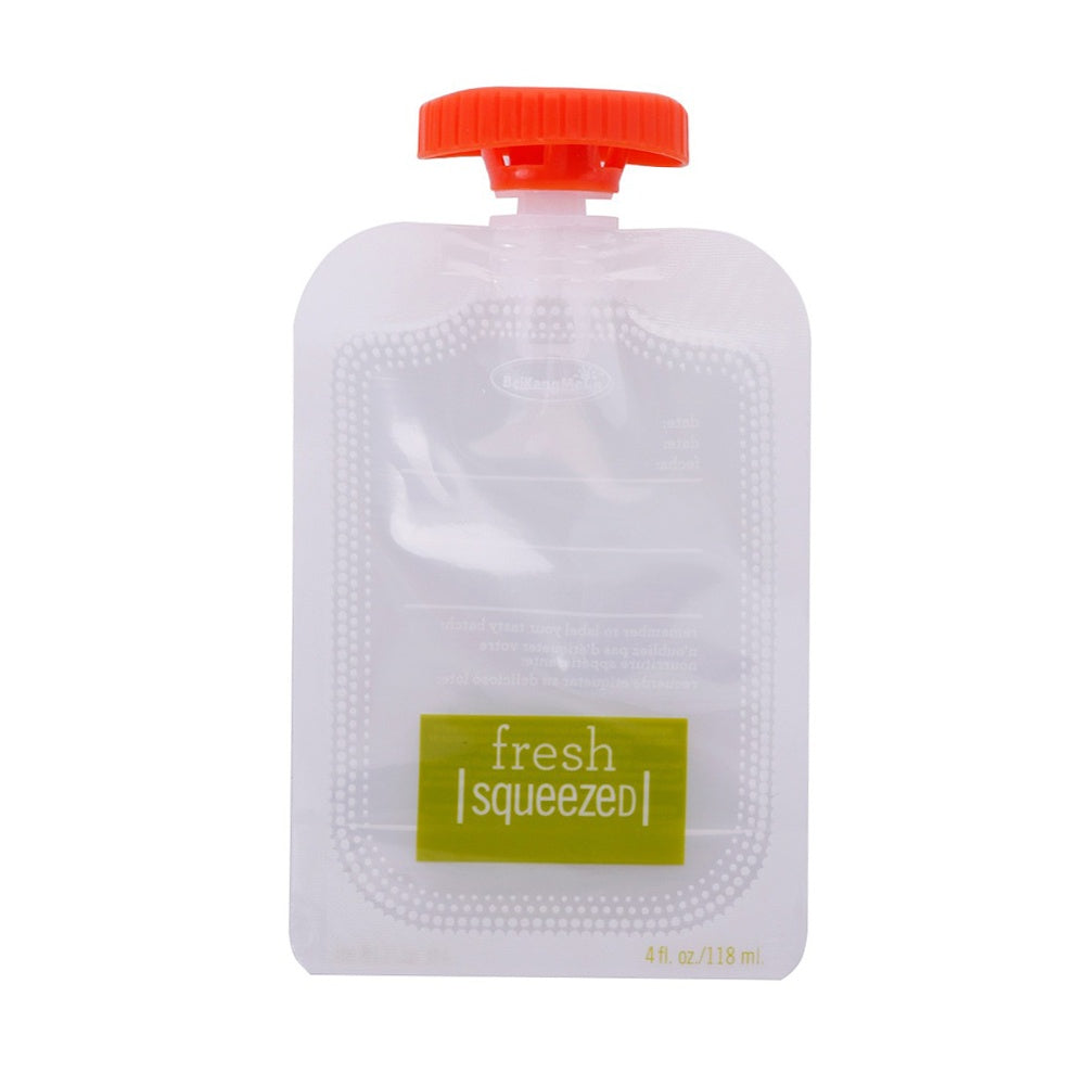 Clear plastic pouch with red cap and 'fresh squeezed' label on a white background