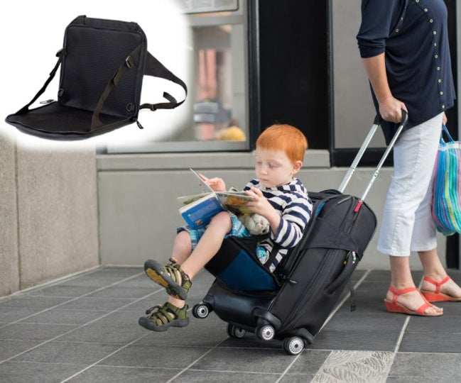 Child sitting on a suitcase with a seat pad, with a close-up of the seat pad inset.