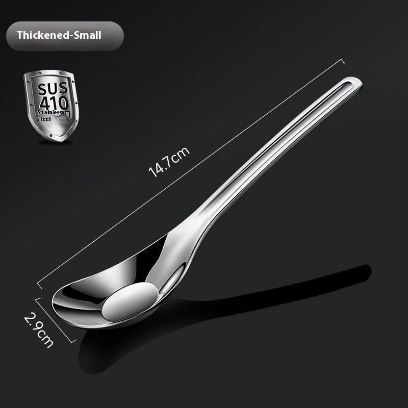 Stainless steel spoon with dimensions and SUS 410 steel certification on a black background