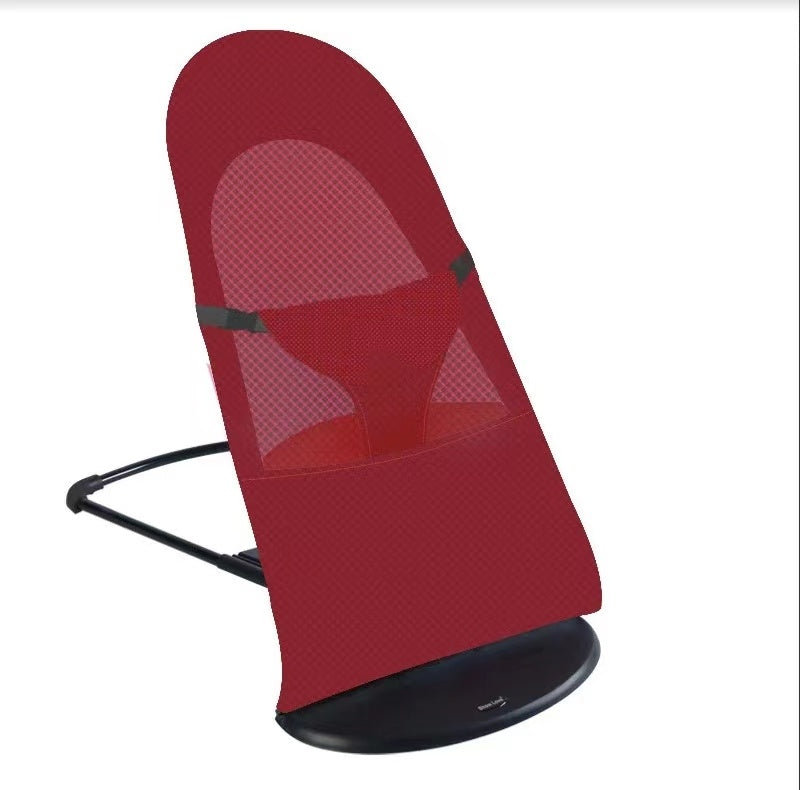 Red baby bouncer with black stand on a white background