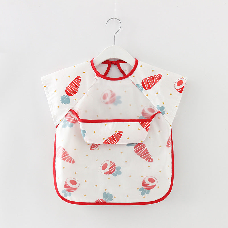 Baby bib with red trim and space-themed design on a white background