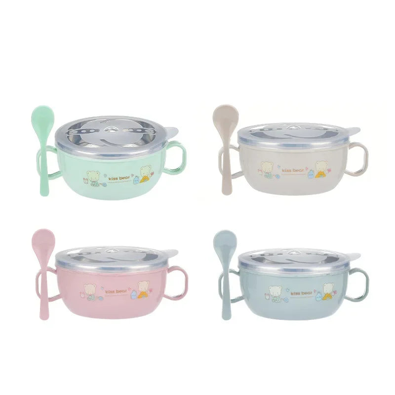 Adorable Cartoon Stainless Steel Baby Feeding Bowl Set - BPA Free, Insulated 300ml with Spoon for Kids
