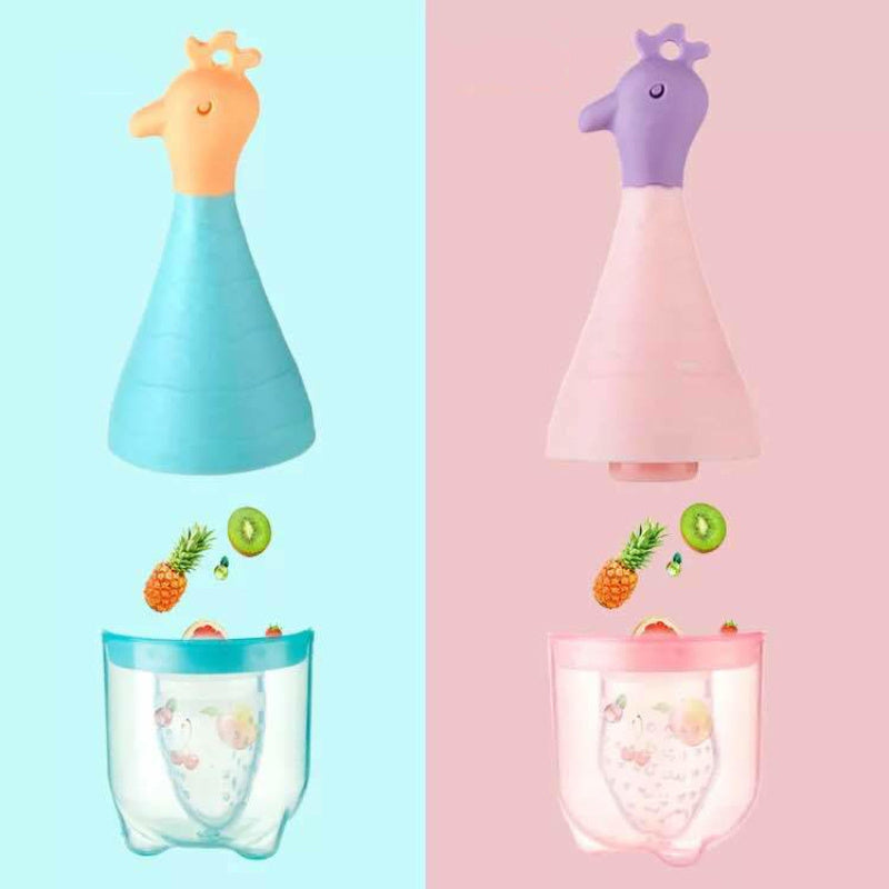 Two colorful bottle caps with cartoon characters on a pastel blue and pink background.