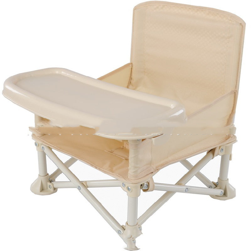 Beige baby high chair with tray on a white background