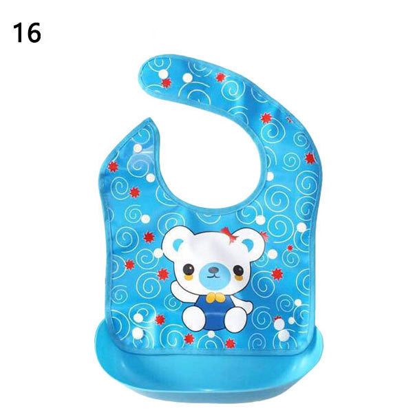 Blue bib with cartoon bear design on a white background