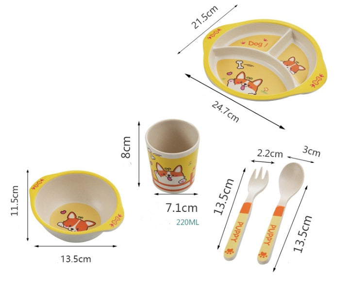 Children's dining set with plate, bowl, cup, fork, and spoon, featuring fox illustrations, with measurements indicated.