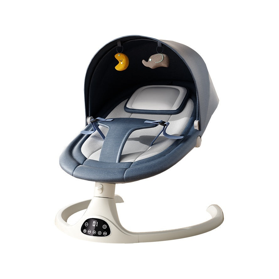 Baby swing with blue cushion and white base on a white background