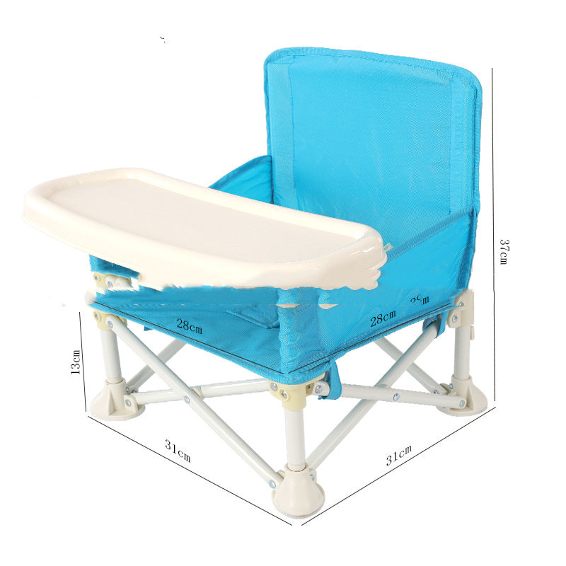 Blue baby high chair with dimensions on a white background