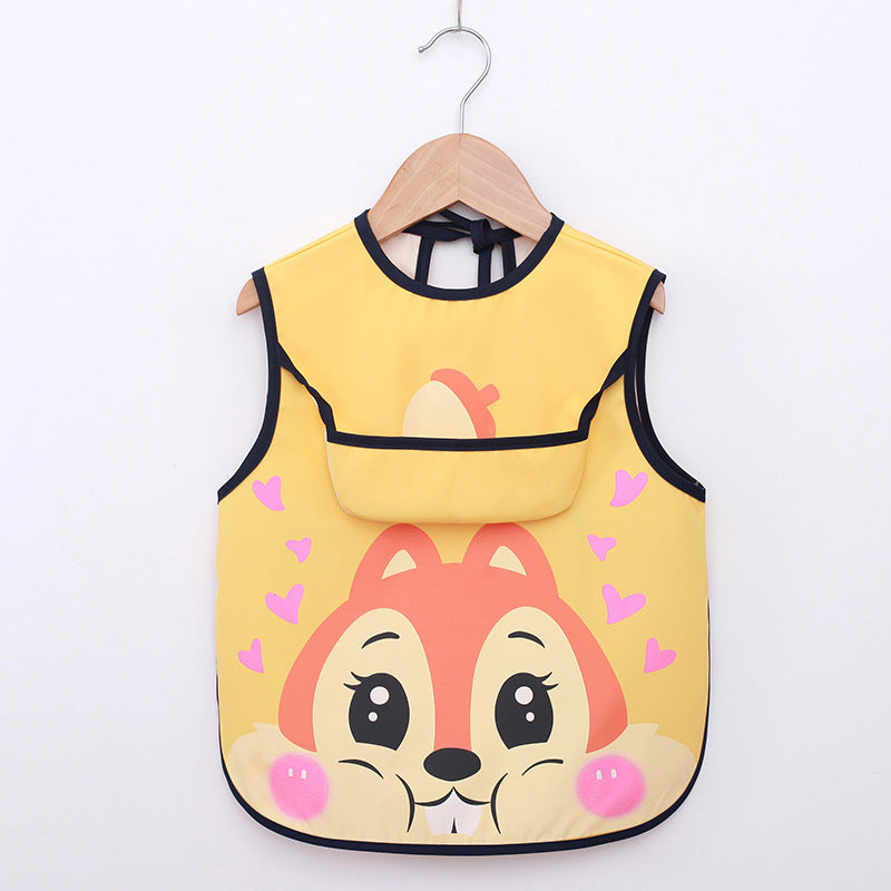 Yellow children's bib with cartoon character design on a white background