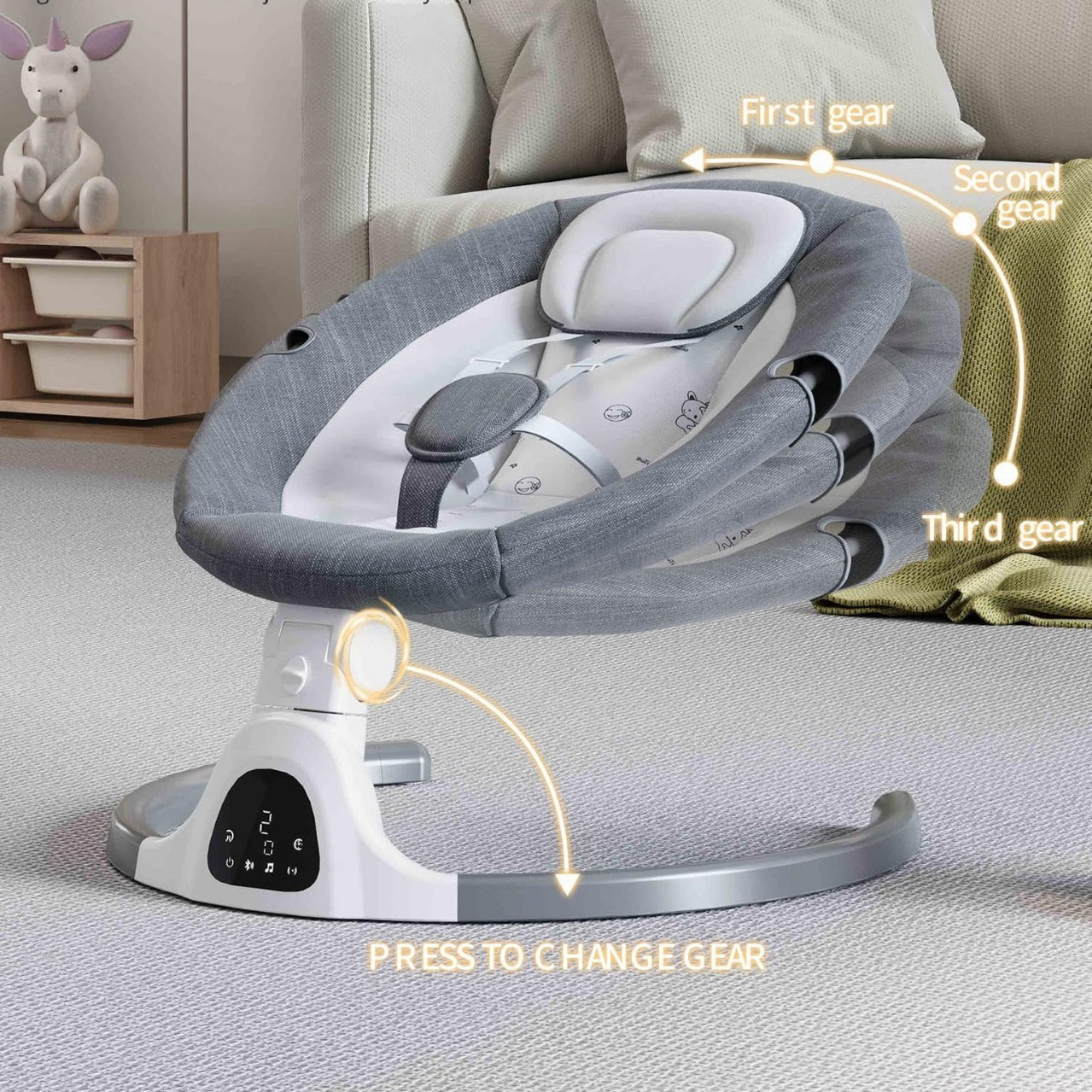 Baby swing with gear options labeled in a living room setting