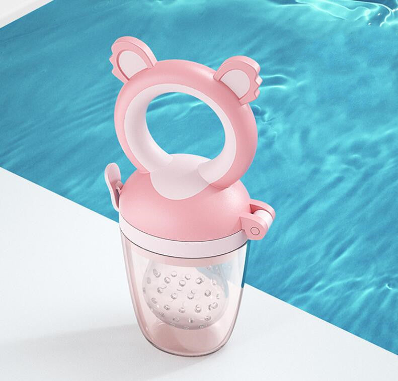 Pink water bottle with bear ears on a blue water background