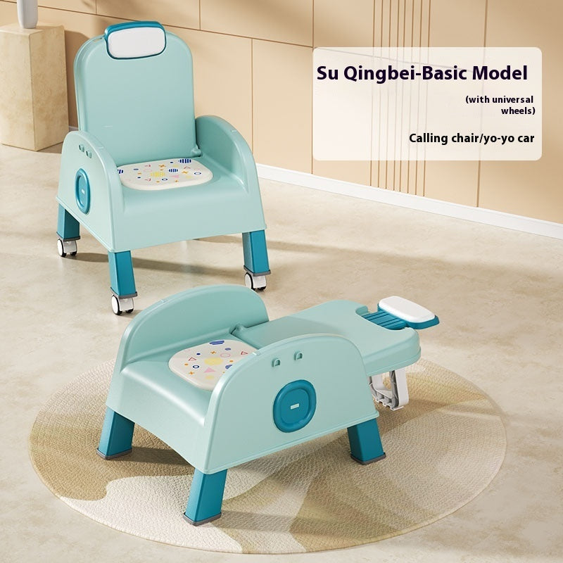 Two blue children's chairs with wheels on a beige floor.