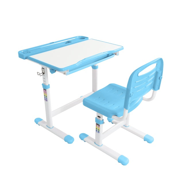 Children's desk and chair set with blue frame and white surface on a white background