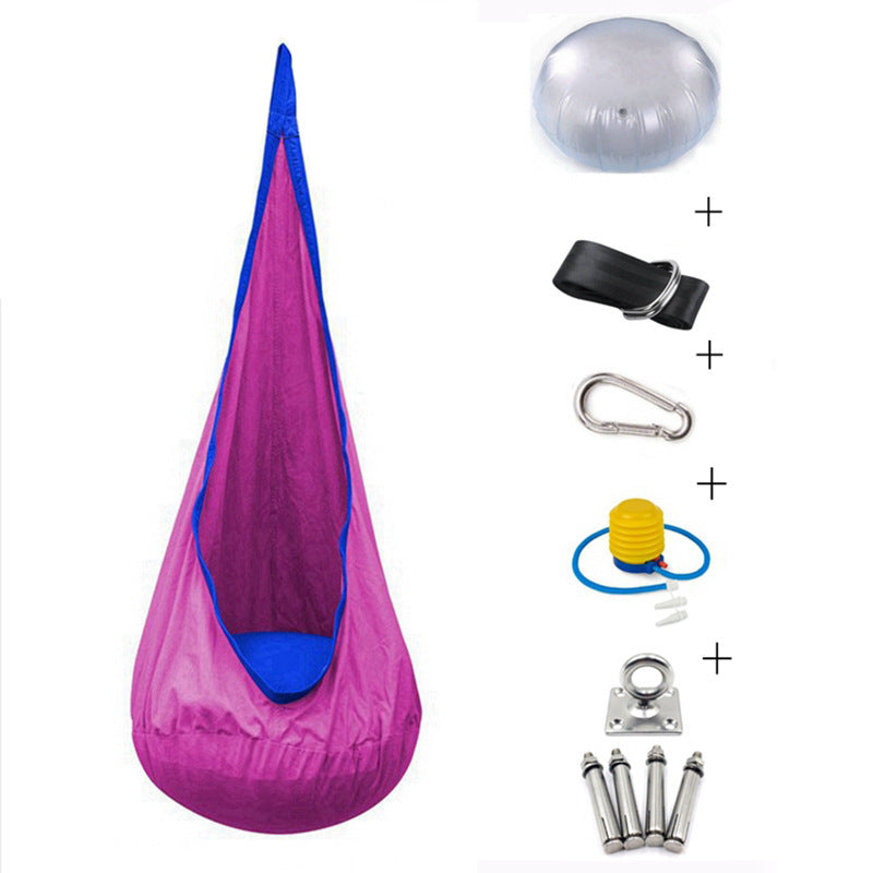 Purple and blue hanging chair with accessories on a white background
