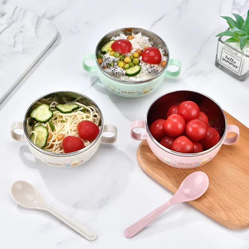 Adorable Cartoon Stainless Steel Baby Feeding Bowl Set - BPA Free, Insulated 300ml with Spoon for Kids