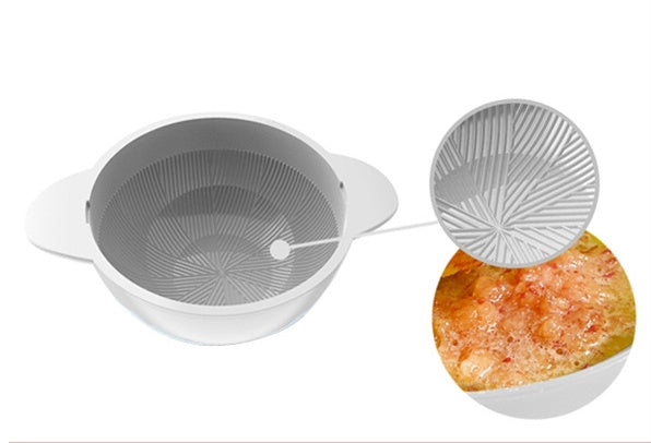 White colander with a close-up inset of food being drained.