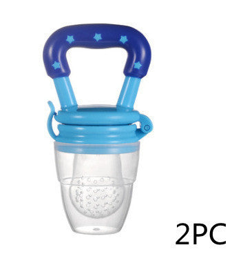Blue and purple baby feeder with star patterns on a white background