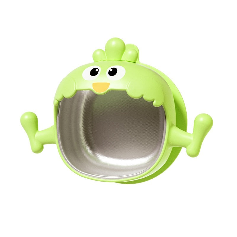 Green children's bowl with a cartoon face on a white background
