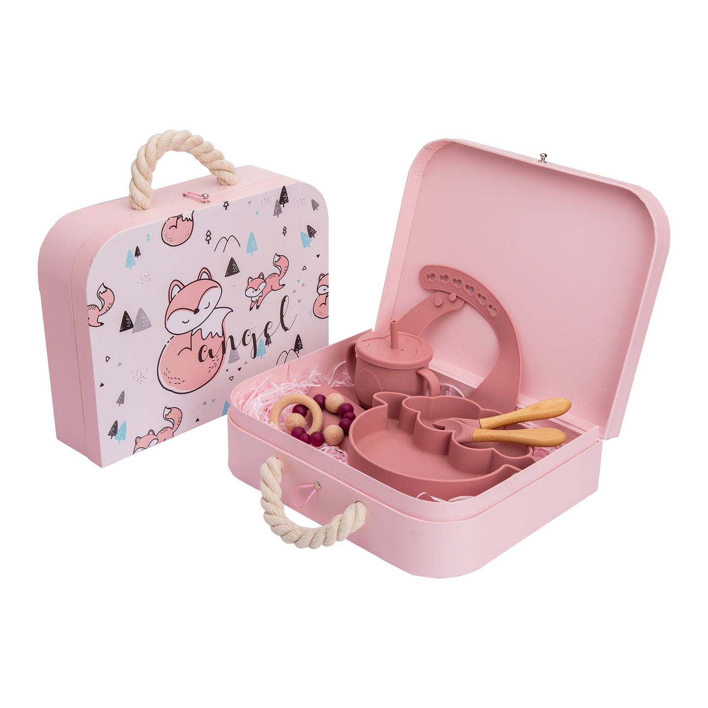 Pink children's tea set with accessories in a matching case on a white background