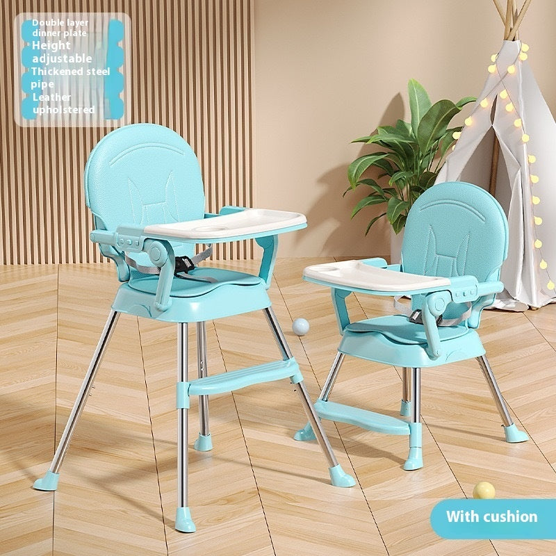 Two turquoise high chairs with cushions on a wooden floor.