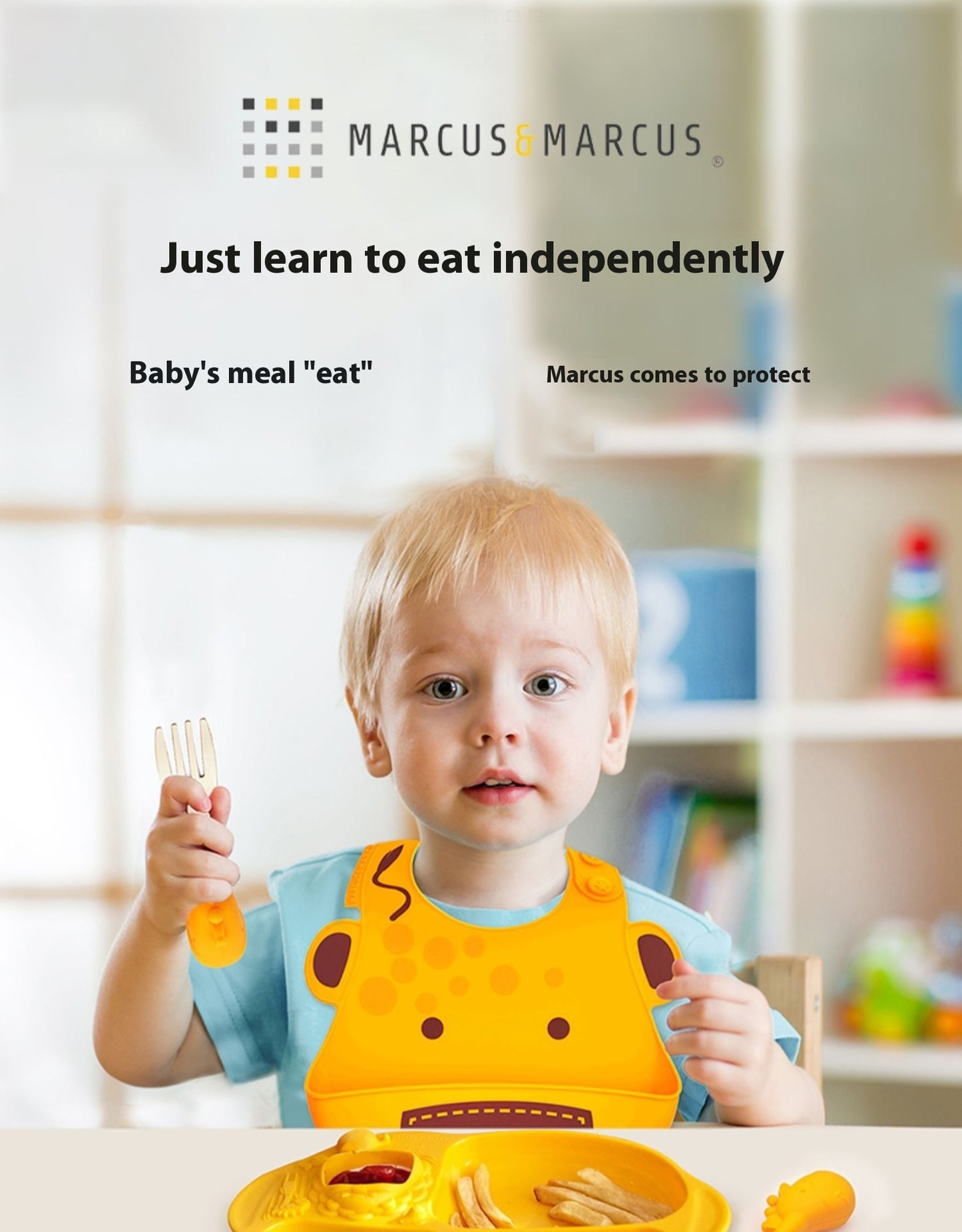 Child wearing a yellow bib and holding utensils with Marcus & Marcus branding.
