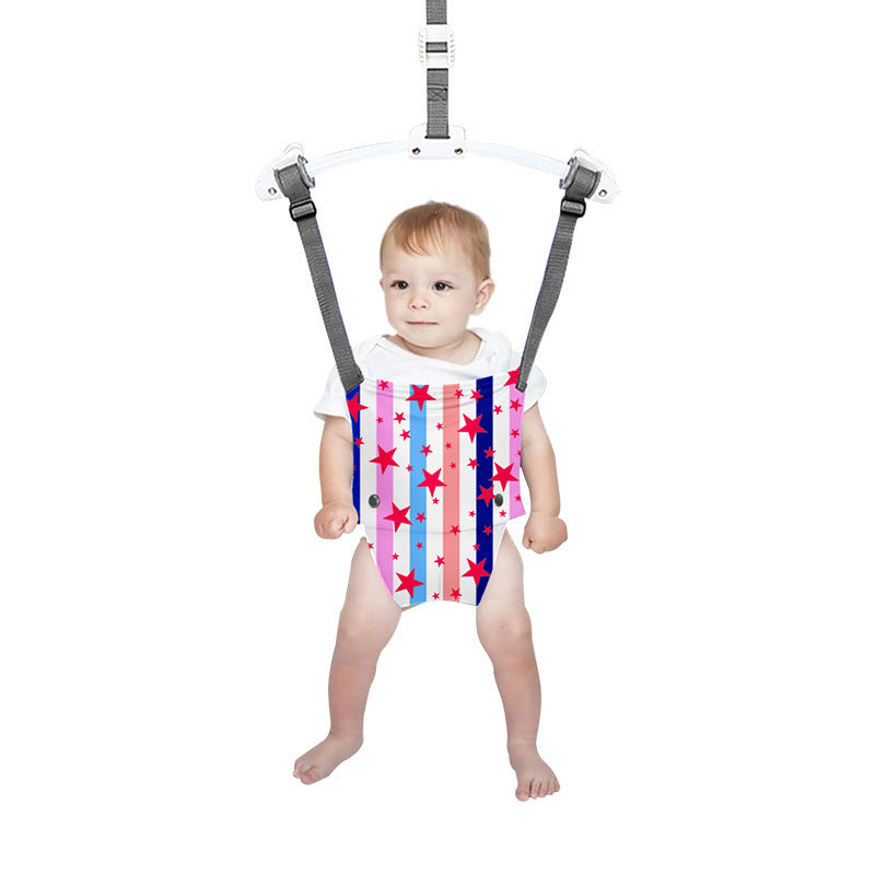 Baby in a colorful striped romper sitting in a baby bouncer on a white background