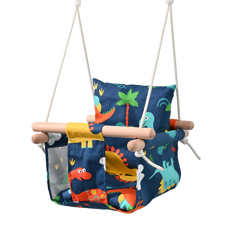 Children's swing with dinosaur pattern on a white background