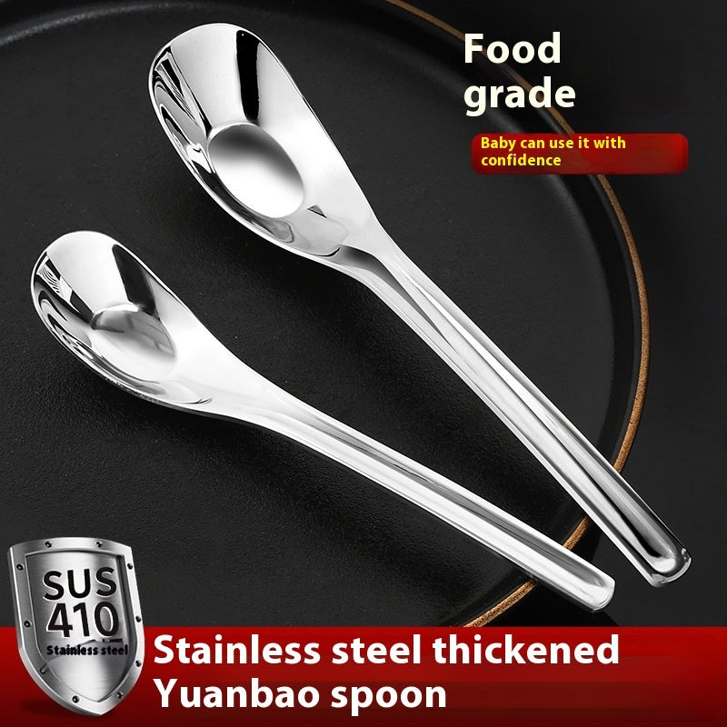 Two stainless steel spoons on a dark background with text about food grade and SUS 410 stainless steel.