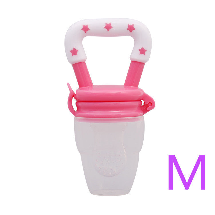 Pink and white baby pacifier with star patterns on a white background