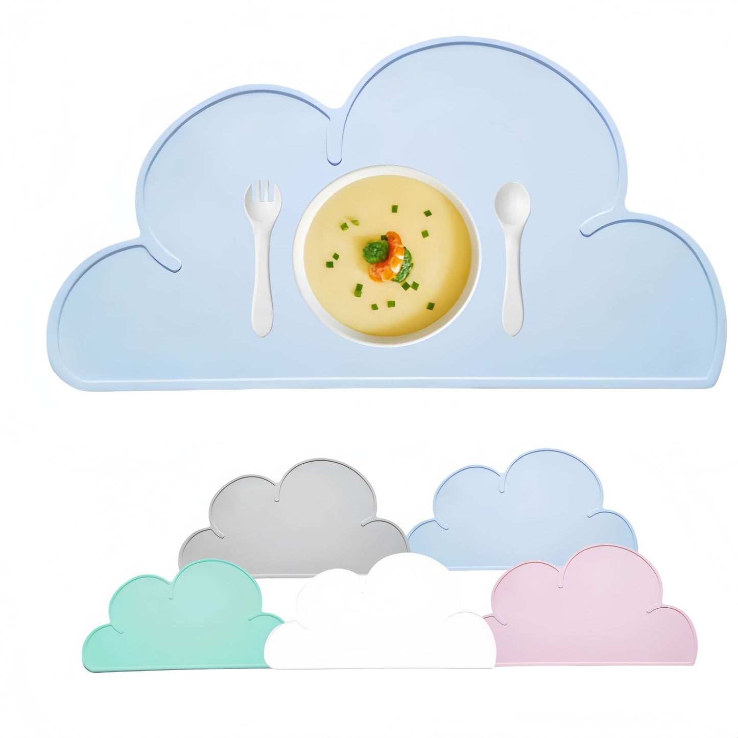 Cloud-shaped placemat with a bowl of soup, fork, and spoon on a white background