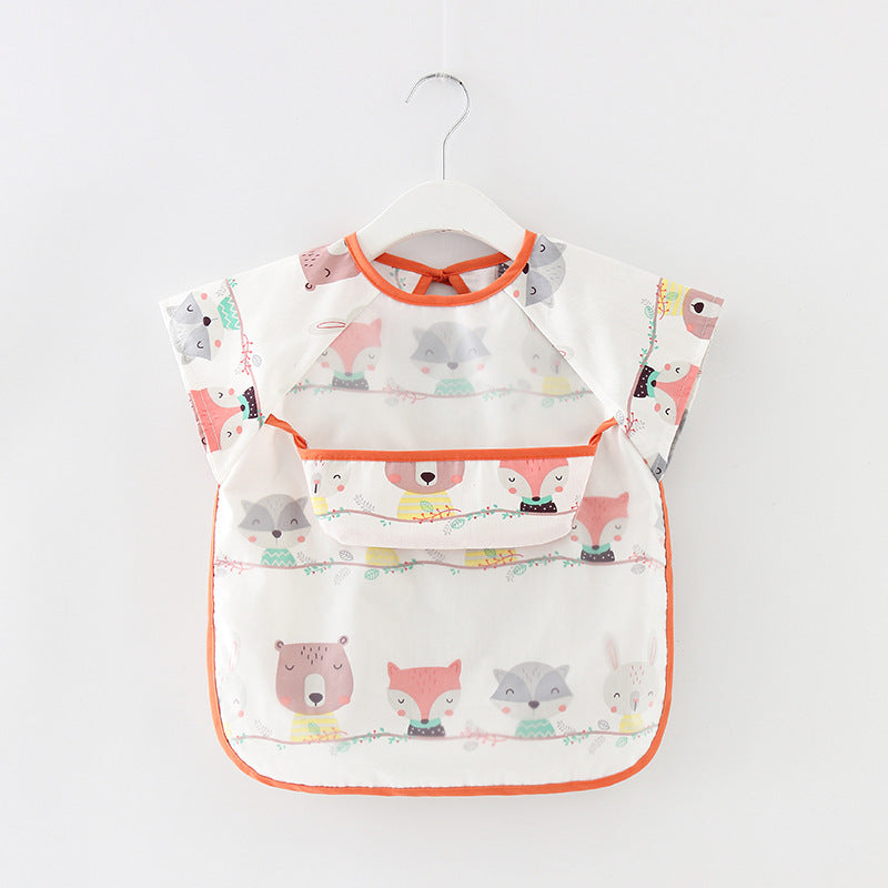 Children's bib with animal pattern on a hanger against a white background