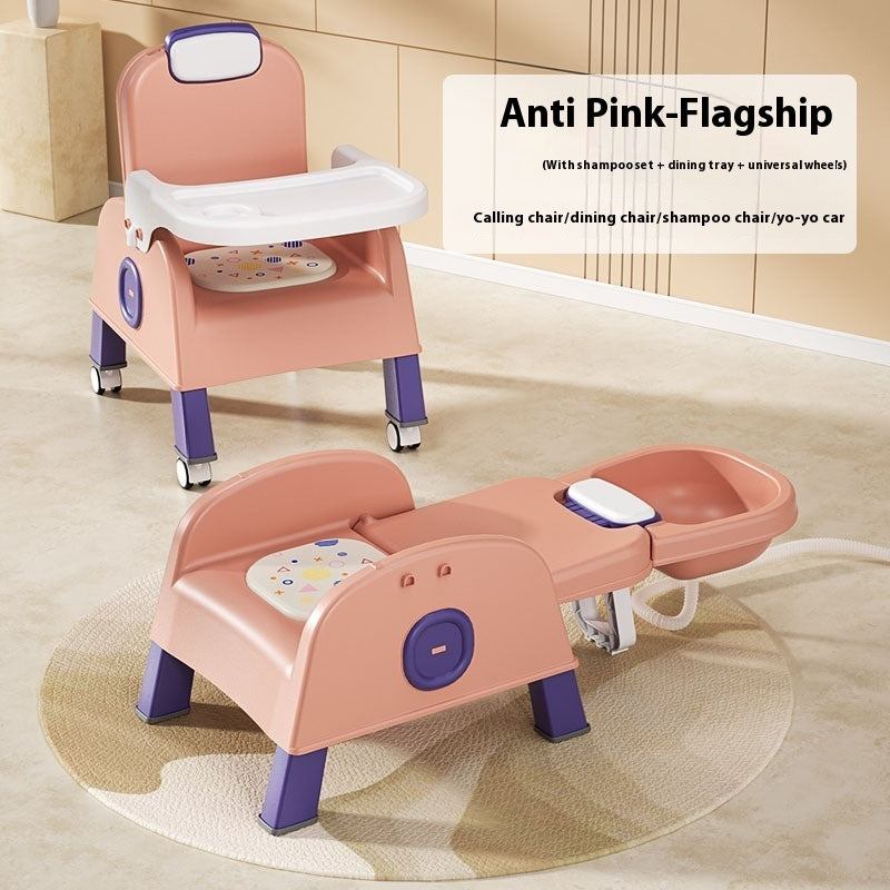 Pink and purple children's chair with additional features on a beige floor.