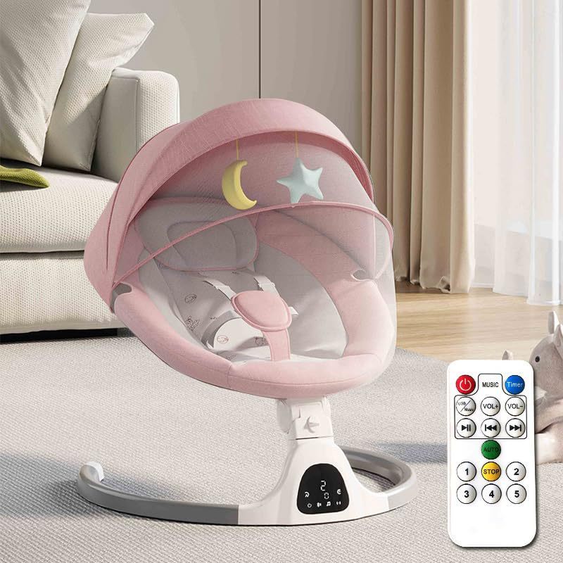 Pink baby swing with remote control in a living room setting