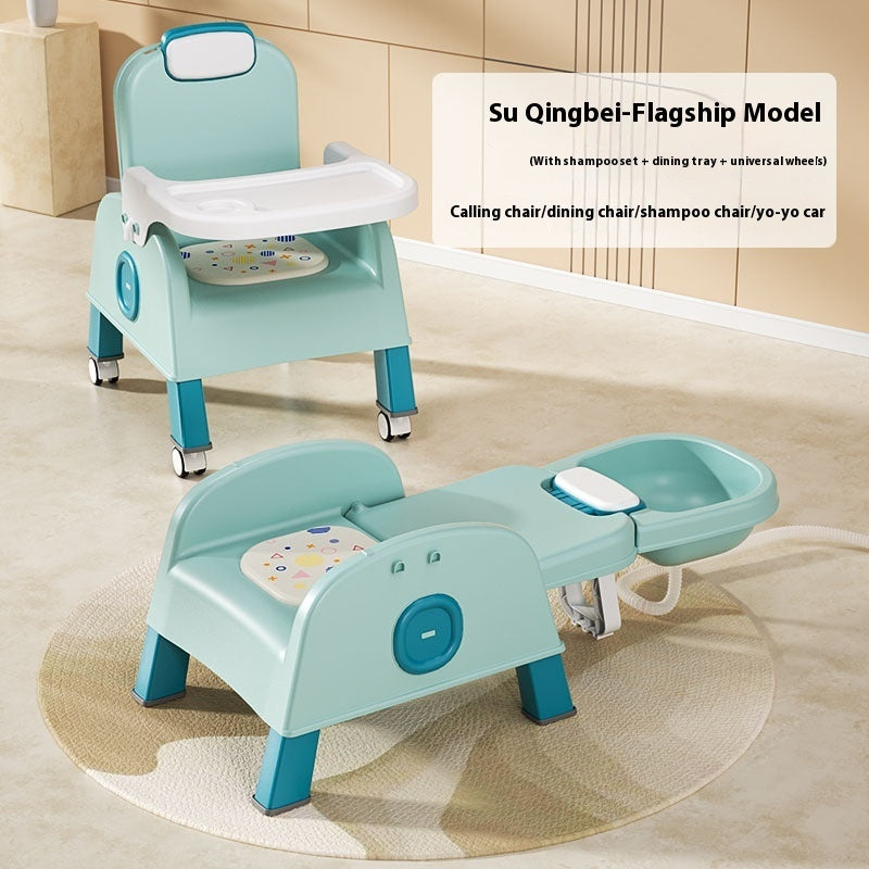 Children's multi-functional chair with tray and wheels on a beige floor.