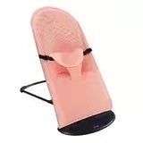 Pink baby bouncer with black base on a white background