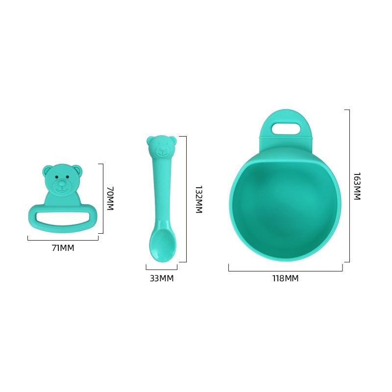Teal baby utensil set with measurements on a white background