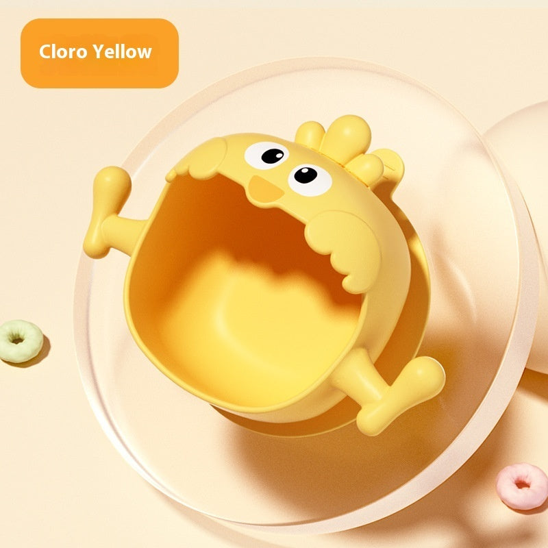 Yellow cartoon-like bowl with a playful design on a beige background