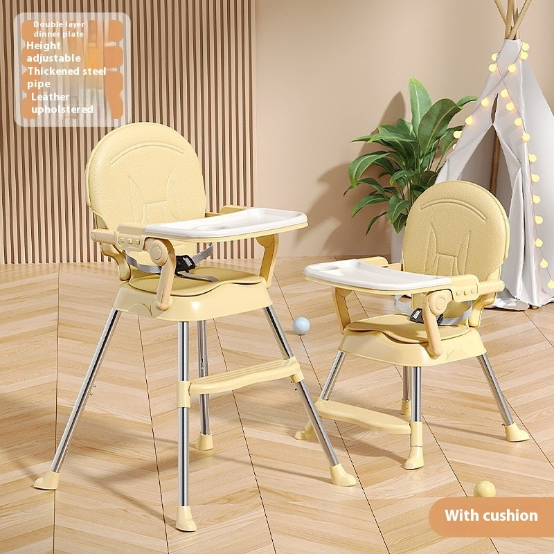 Two beige high chairs with trays on a wooden floor.
