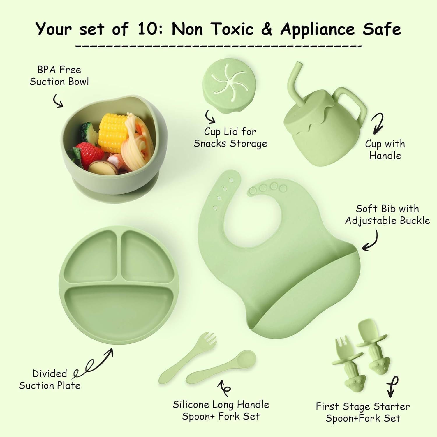 Set of 10 non-toxic and appliance-safe baby products including a bowl, cup, bib, and utensils on a light green background.