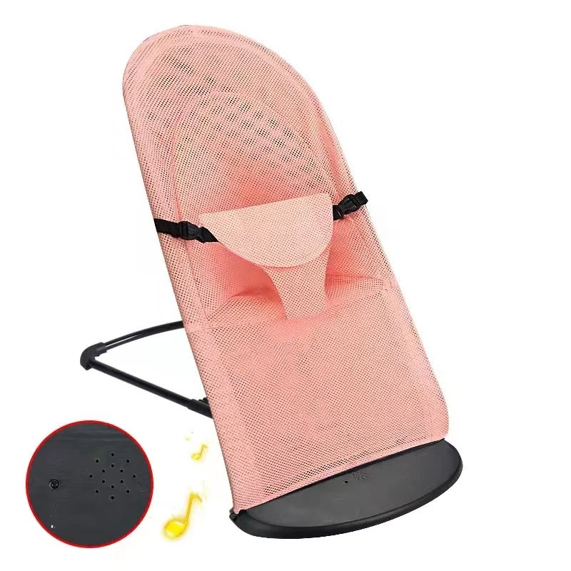 Pink baby bouncer with black stand on a white background